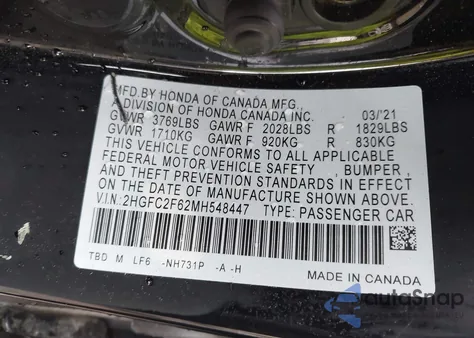 2021 Honda Civic Lx из США, поврежденный, VIN 2HGFC2F62MH548447